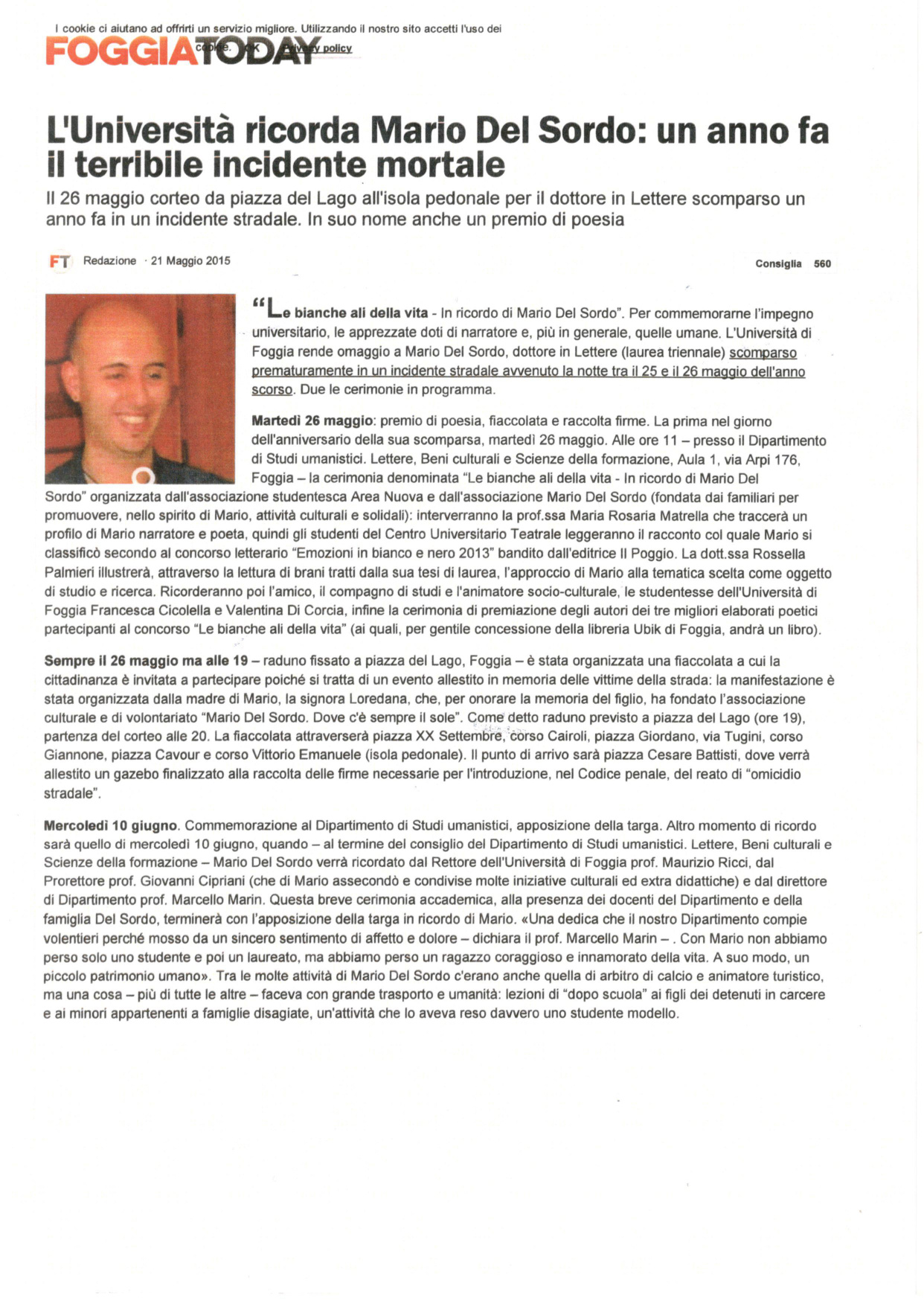 Articolo FoggiaToday - L'Università ricorda Mario Del Sordo