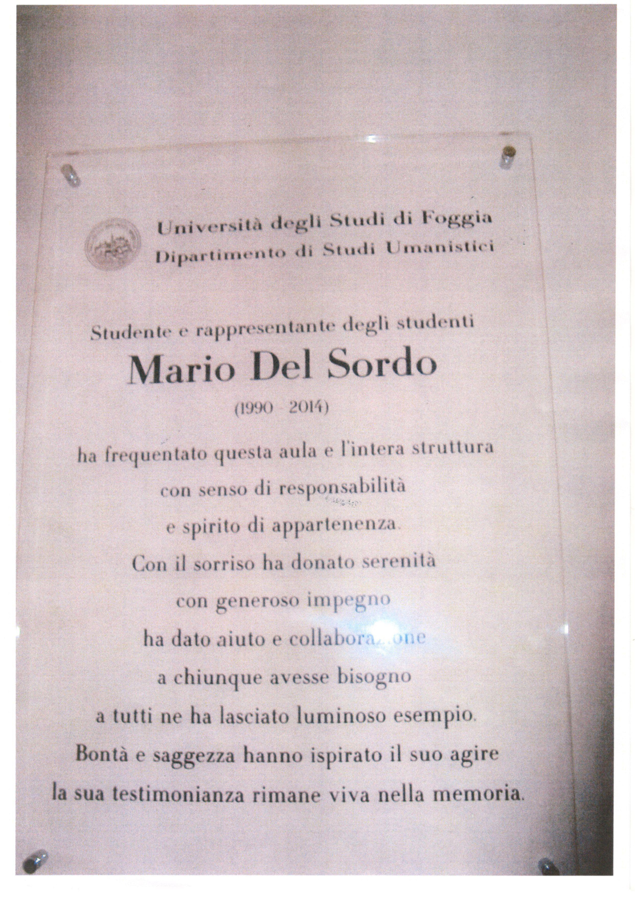 Targa commemorativa Università di Foggia dedicata a Mario Del Sordo